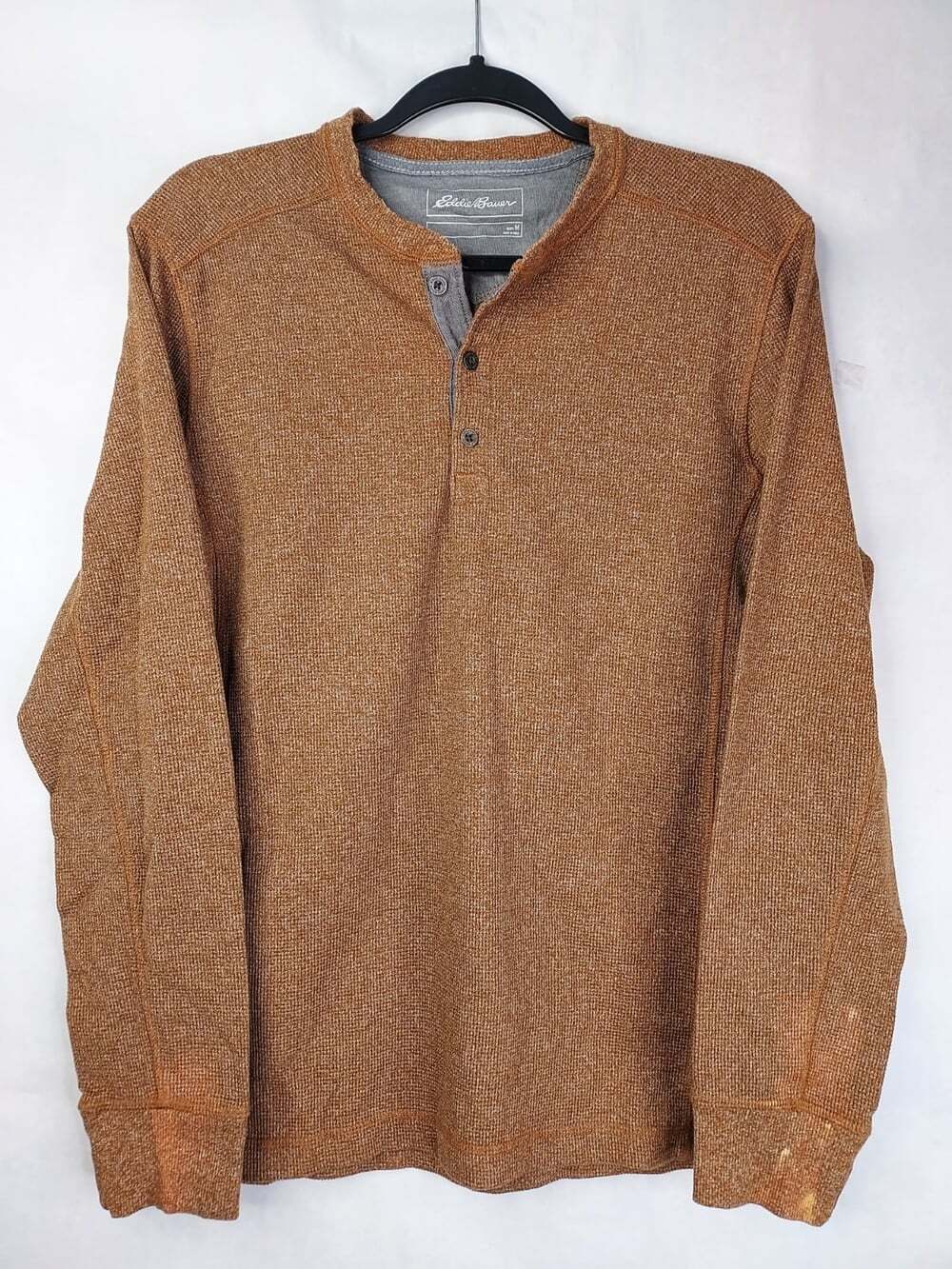 Eddie Bauer Waffle Knit Henley Men's M Rust Brown Long Sleeve Thermal Shirt Flaw